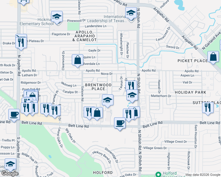 map of restaurants, bars, coffee shops, grocery stores, and more near 3401 Taurus Drive in Garland