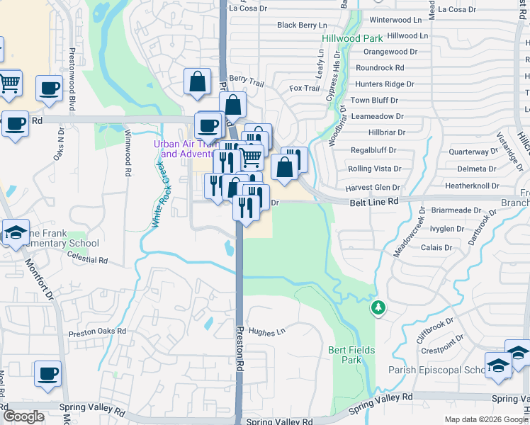 map of restaurants, bars, coffee shops, grocery stores, and more near 14760 Preston Road in Dallas