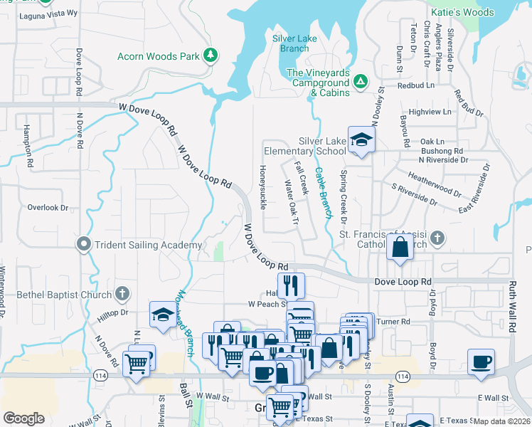map of restaurants, bars, coffee shops, grocery stores, and more near 833 Honeysuckle in Grapevine