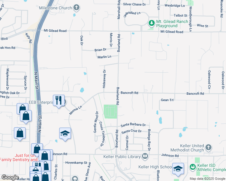 map of restaurants, bars, coffee shops, grocery stores, and more near 974 Bourland Road in Keller