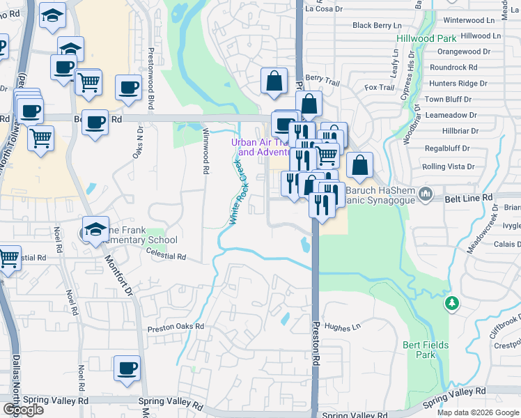 map of restaurants, bars, coffee shops, grocery stores, and more near 5850 Belt Line Road in Dallas