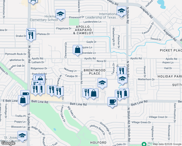 map of restaurants, bars, coffee shops, grocery stores, and more near 2944 Canis Circle in Garland