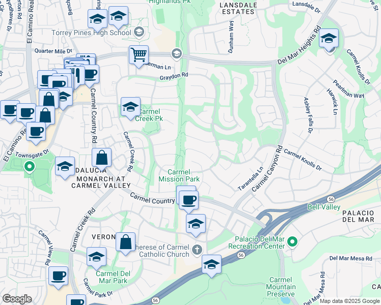 map of restaurants, bars, coffee shops, grocery stores, and more near 12767 Monterey Cypress Way in San Diego