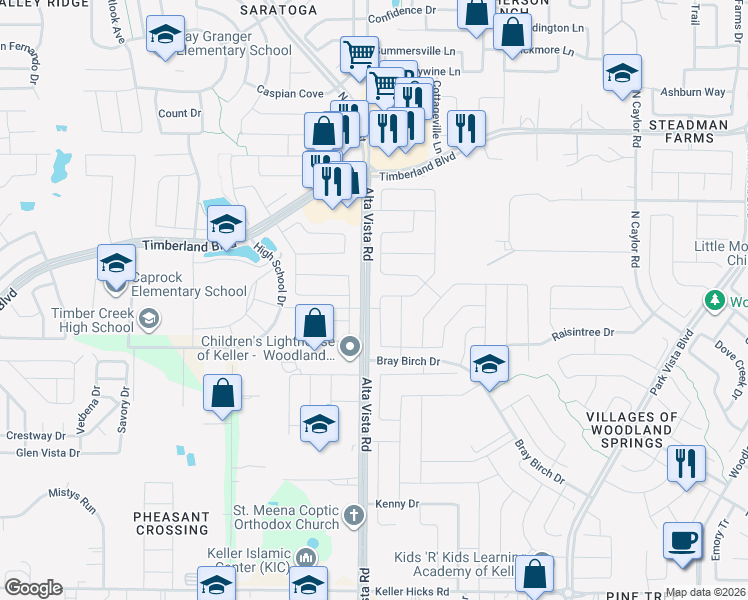 map of restaurants, bars, coffee shops, grocery stores, and more near 12137 Angelfood Lane in Fort Worth