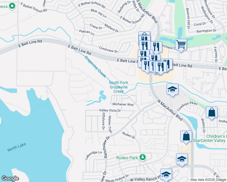 map of restaurants, bars, coffee shops, grocery stores, and more near 10620 Steinbeck Court in Irving