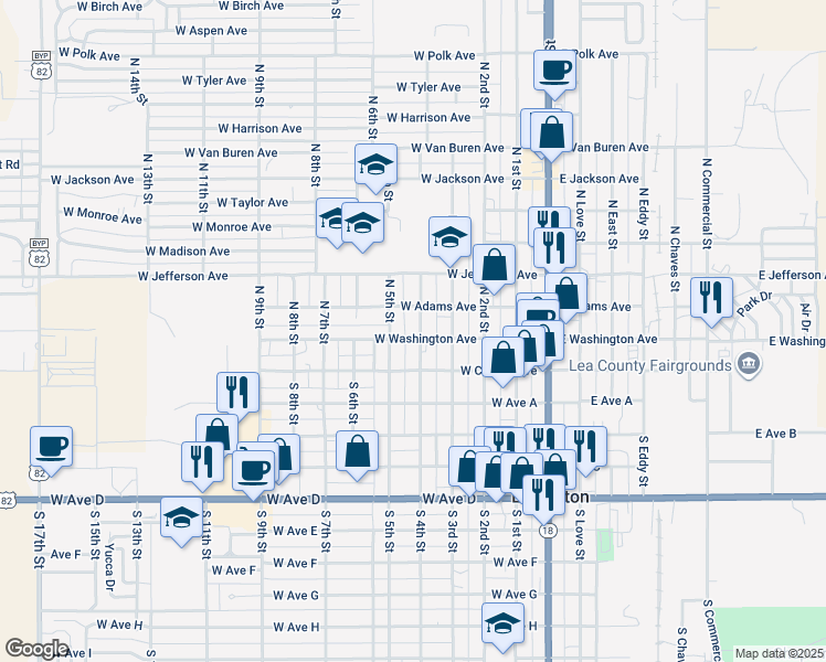 map of restaurants, bars, coffee shops, grocery stores, and more near 203 North 4th Street in Lovington