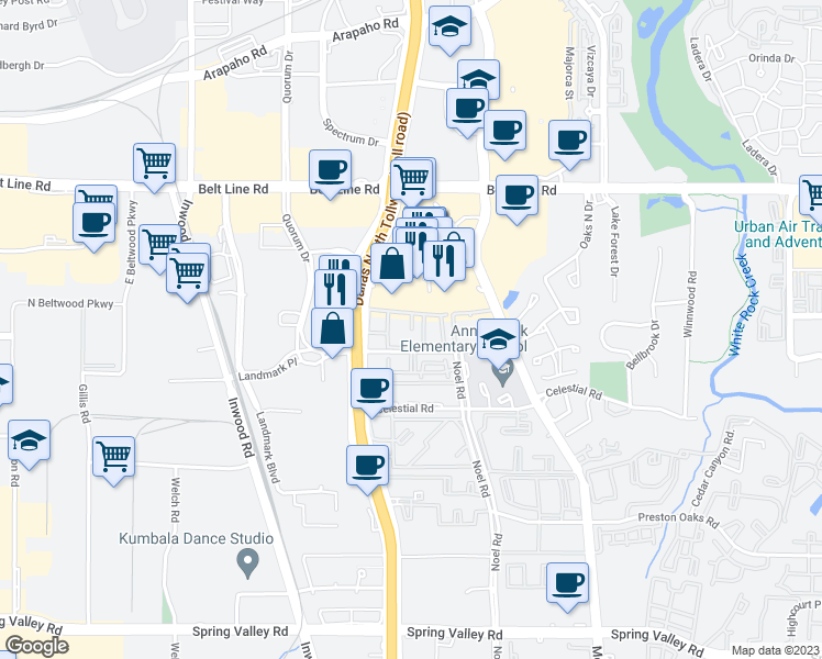 map of restaurants, bars, coffee shops, grocery stores, and more near 5149 Verde Valley Lane in Dallas