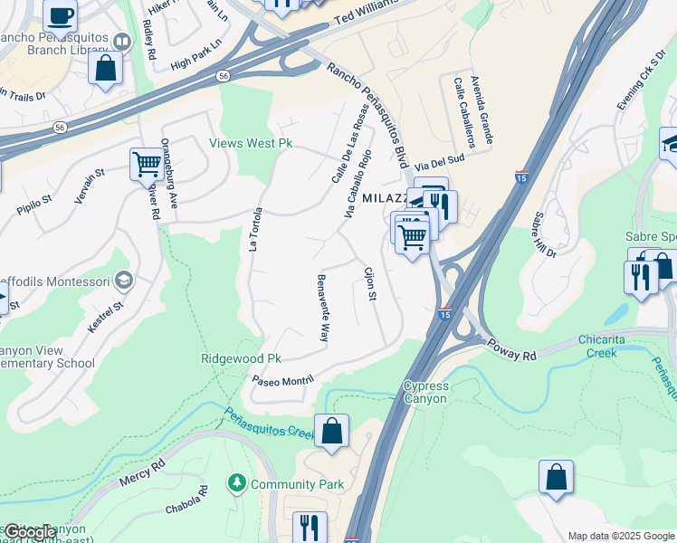 map of restaurants, bars, coffee shops, grocery stores, and more near 12760 Mengibar Avenue in San Diego