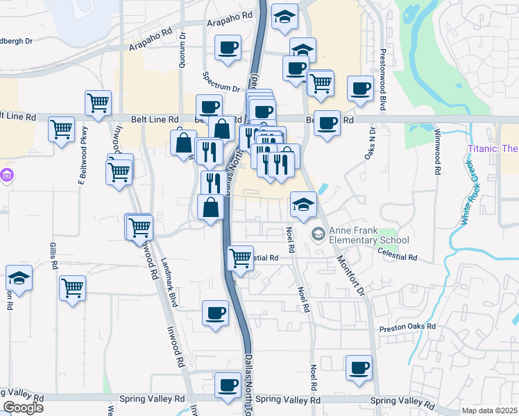 map of restaurants, bars, coffee shops, grocery stores, and more near 5149 Verde Valley Lane in Dallas