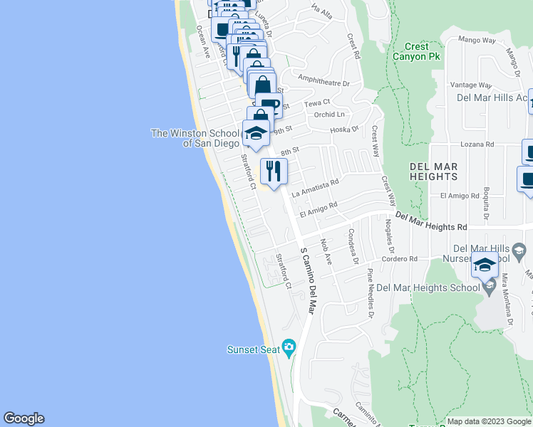 map of restaurants, bars, coffee shops, grocery stores, and more near 541 Stratford Court in Del Mar