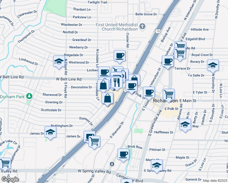map of restaurants, bars, coffee shops, grocery stores, and more near 100 South Central Expressway in Richardson