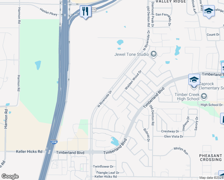 map of restaurants, bars, coffee shops, grocery stores, and more near North Riverside Drive in Fort Worth