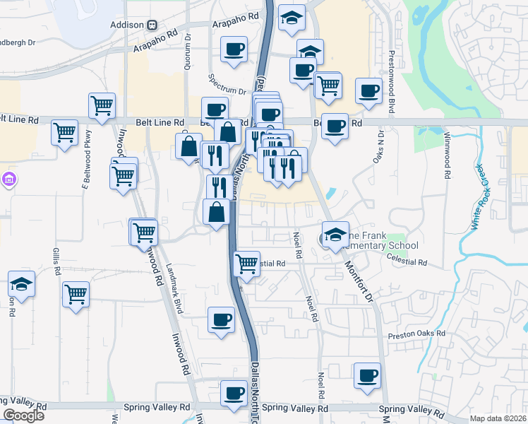 map of restaurants, bars, coffee shops, grocery stores, and more near 5149 Verde Valley Lane in Dallas