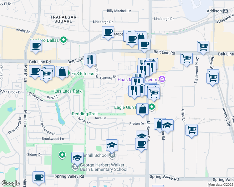 map of restaurants, bars, coffee shops, grocery stores, and more near 4100 Pokolodi Circle in Addison