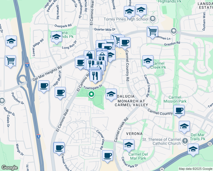 map of restaurants, bars, coffee shops, grocery stores, and more near 3777 Townsgate Drive in San Diego