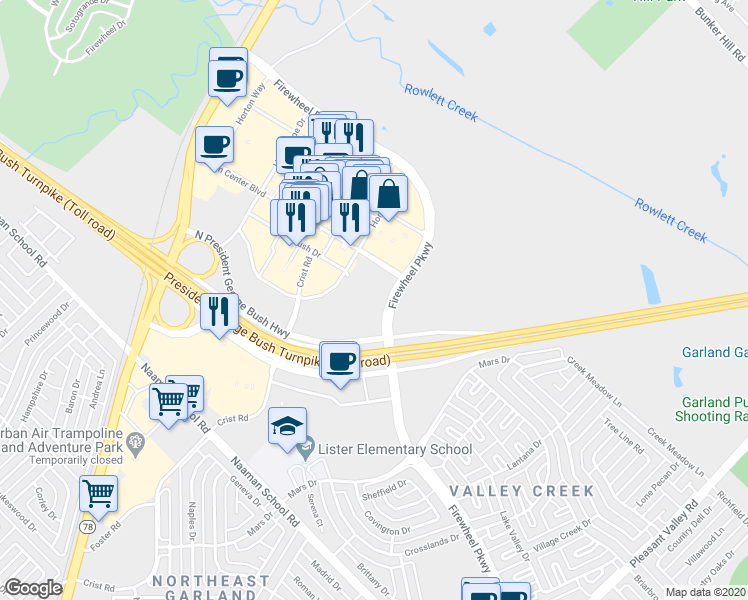 map of restaurants, bars, coffee shops, grocery stores, and more near Northeast Pkwy in Garland
