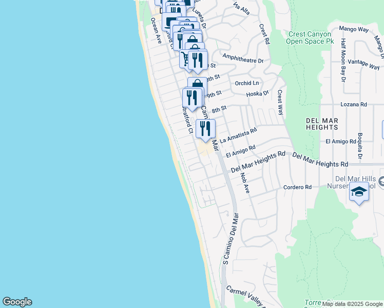 map of restaurants, bars, coffee shops, grocery stores, and more near 141 6th Street in Del Mar