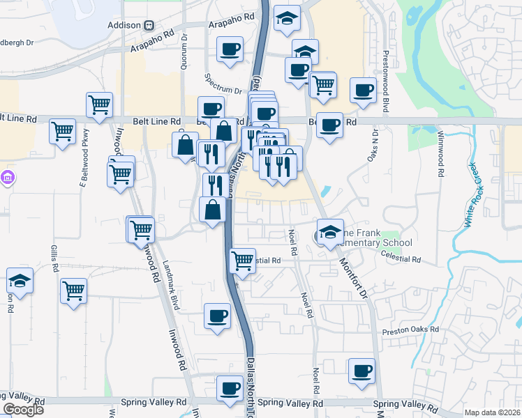 map of restaurants, bars, coffee shops, grocery stores, and more near 5151 Verde Valley Lane in Dallas