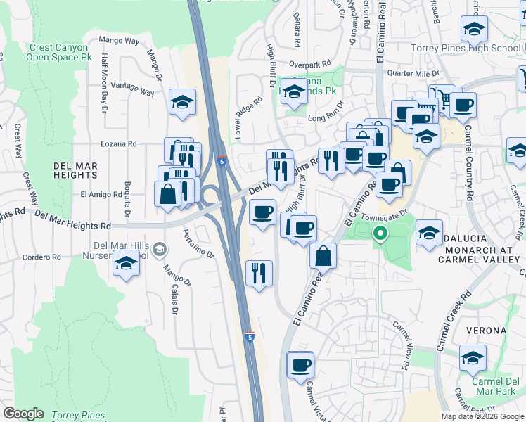 map of restaurants, bars, coffee shops, grocery stores, and more near 12730 High Bluff Drive in San Diego