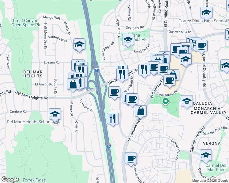 map of restaurants, bars, coffee shops, grocery stores, and more near 12730 High Bluff Drive in San Diego