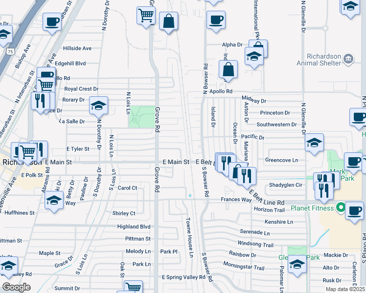 map of restaurants, bars, coffee shops, grocery stores, and more near 621 East Tyler Street in Richardson
