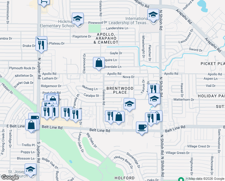 map of restaurants, bars, coffee shops, grocery stores, and more near 2944 Canis Circle in Garland
