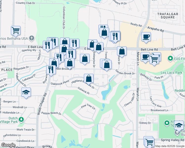 map of restaurants, bars, coffee shops, grocery stores, and more near 3312 Scarlet Oak in Farmers Branch