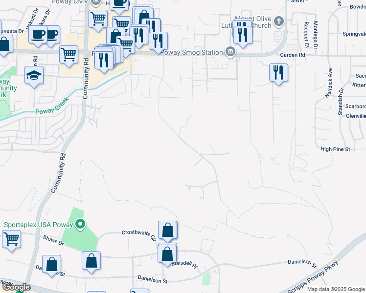 map of restaurants, bars, coffee shops, grocery stores, and more near 12792 Gate Drive in Poway
