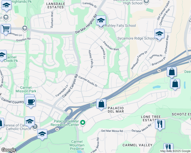 map of restaurants, bars, coffee shops, grocery stores, and more near Grand Del Mar Court in San Diego