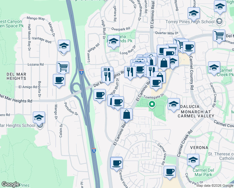 map of restaurants, bars, coffee shops, grocery stores, and more near 12780 El Camino Real in San Diego