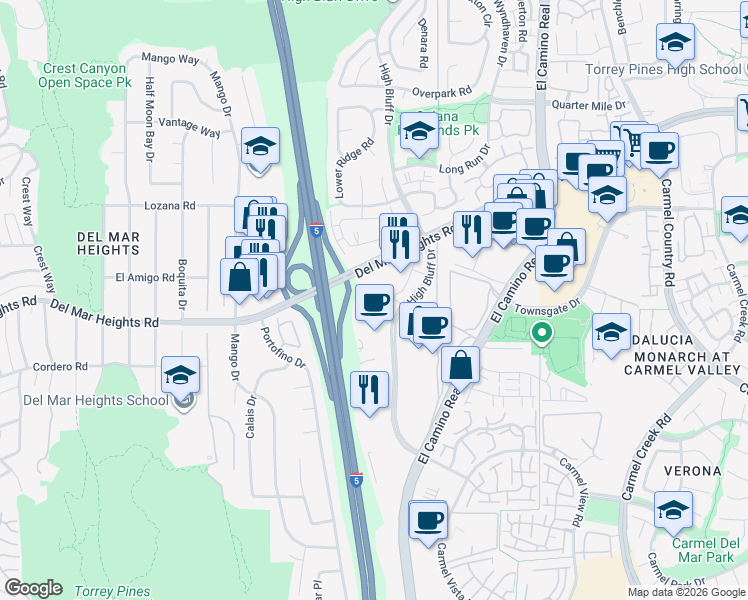 map of restaurants, bars, coffee shops, grocery stores, and more near 12730 High Bluff Dr in San Diego