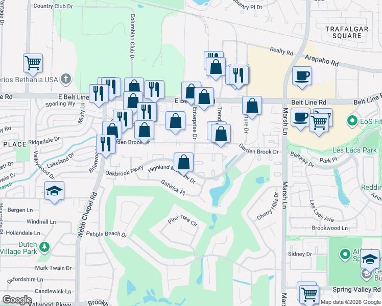map of restaurants, bars, coffee shops, grocery stores, and more near 3312 Scarlet Oak in Farmers Branch
