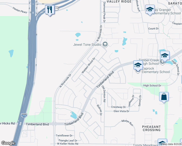 map of restaurants, bars, coffee shops, grocery stores, and more near 12037 Ringtail Drive in Fort Worth