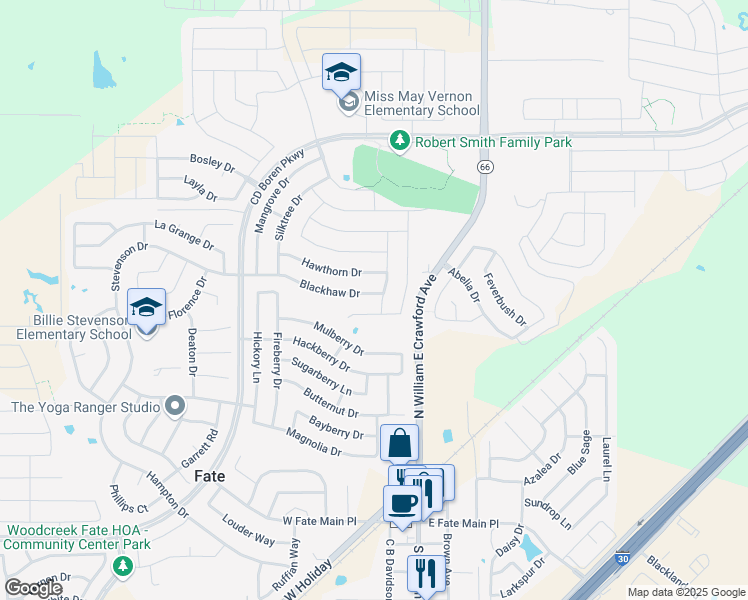 map of restaurants, bars, coffee shops, grocery stores, and more near 289 Blackhaw Drive in Rockwall