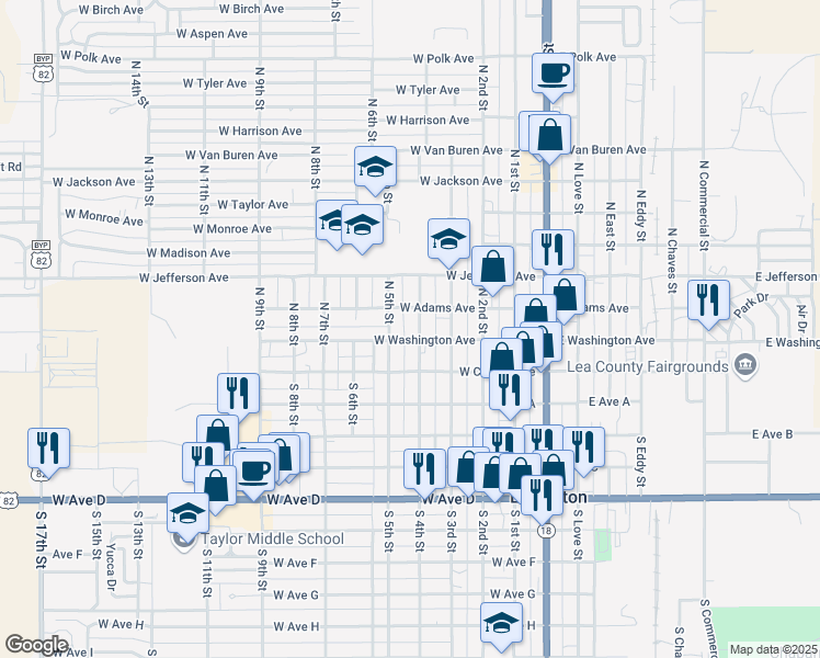 map of restaurants, bars, coffee shops, grocery stores, and more near 203 North 4th Street in Lovington