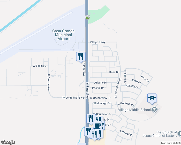 map of restaurants, bars, coffee shops, grocery stores, and more near 3089 Desert Horizons Lane in Casa Grande