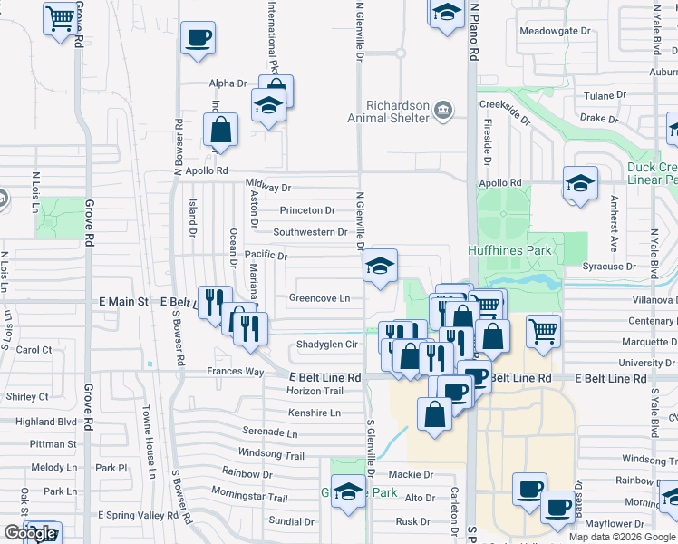 map of restaurants, bars, coffee shops, grocery stores, and more near 1124 Larkspur Drive in Richardson