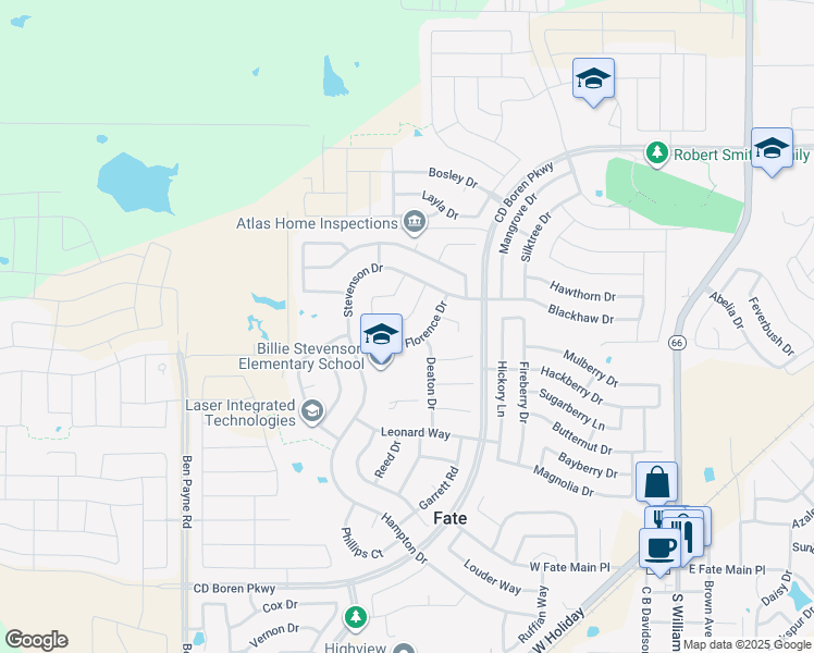 map of restaurants, bars, coffee shops, grocery stores, and more near 402 Florence Drive in Rockwall