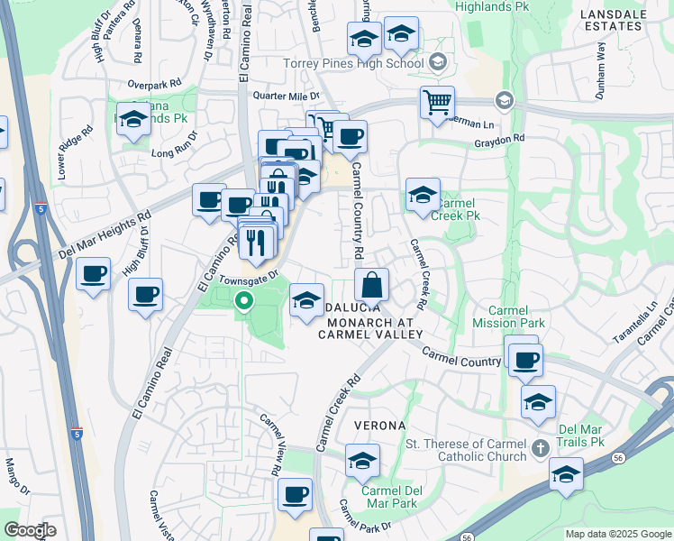 map of restaurants, bars, coffee shops, grocery stores, and more near 3754 Mykonos Lane in San Diego