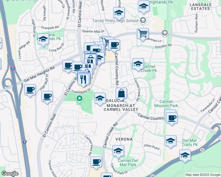 map of restaurants, bars, coffee shops, grocery stores, and more near 12624 Carmel Country Road in San Diego