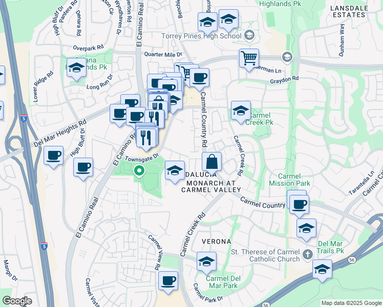 map of restaurants, bars, coffee shops, grocery stores, and more near 12626 Carmel Country Road in San Diego