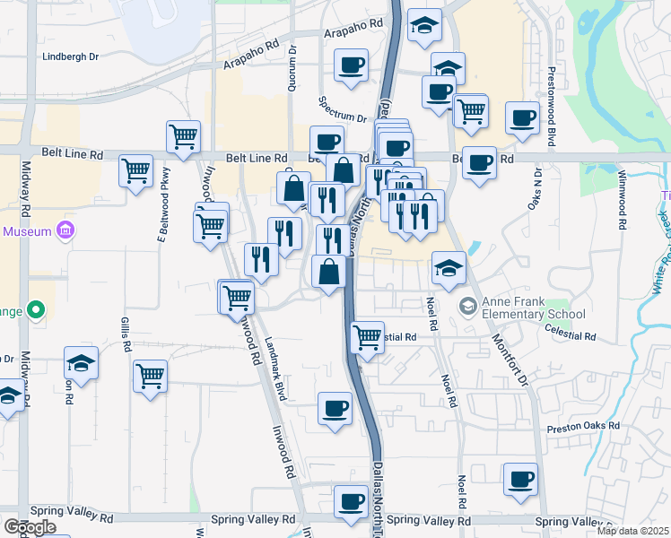 map of restaurants, bars, coffee shops, grocery stores, and more near 14841 Dallas Parkway in Dallas