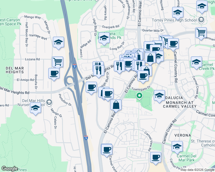 map of restaurants, bars, coffee shops, grocery stores, and more near 12777 High Bluff Drive in San Diego