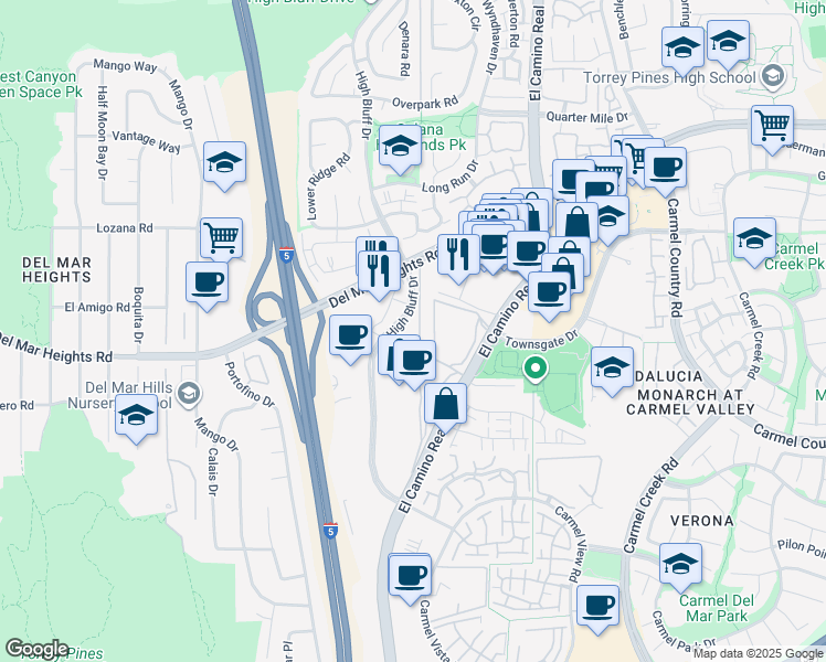 map of restaurants, bars, coffee shops, grocery stores, and more near 12777 High Bluff Drive in San Diego