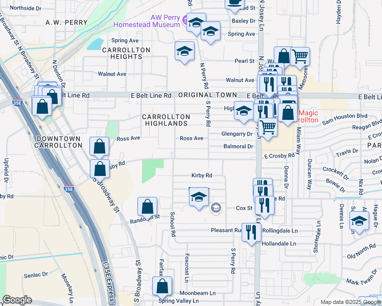 map of restaurants, bars, coffee shops, grocery stores, and more near 1720 East Crosby Road in Carrollton