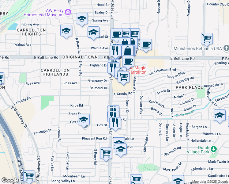 map of restaurants, bars, coffee shops, grocery stores, and more near 1904 East Crosby Road in Carrollton