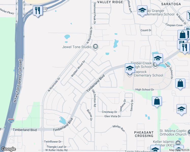 map of restaurants, bars, coffee shops, grocery stores, and more near 2933 Spotted Owl Drive in Fort Worth