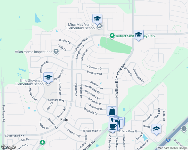 map of restaurants, bars, coffee shops, grocery stores, and more near 313 Blackhaw Drive in Rockwall
