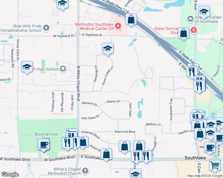 map of restaurants, bars, coffee shops, grocery stores, and more near 208 East Chapel Downs Drive in Southlake