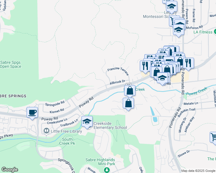 map of restaurants, bars, coffee shops, grocery stores, and more near 11875 Poway Road in Poway